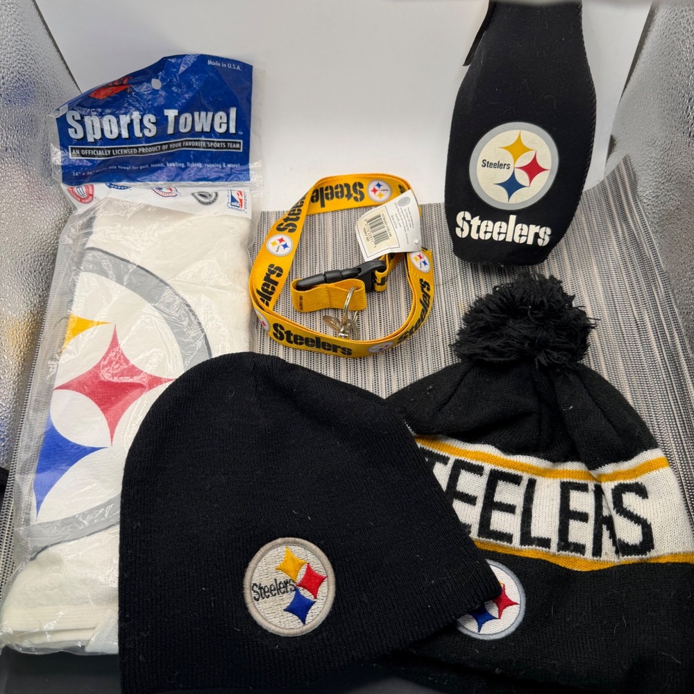 Pittsburgh Steelers Fan Bundle 2 Beanies NIP Sports Towel Lanyard Bottle Koozie